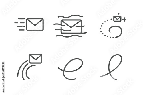 Phantom Post Icons. Line style vector icons of Phantom Post: invisible letters, mist envelopes, curved dust, glowing paths, soft