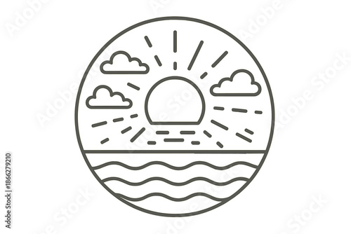 Forgotten Evening Icons. Line style vector icons of Forgotten Evening: dim suns, quiet clouds, slow waves, pale glow, scattered