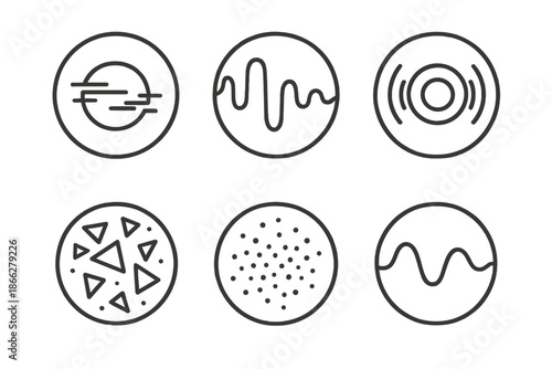 Forgotten Waves Icon. Line style vector icons of Forgotten Waves: static glow, fading rhythm, circular sound, fragmented light,