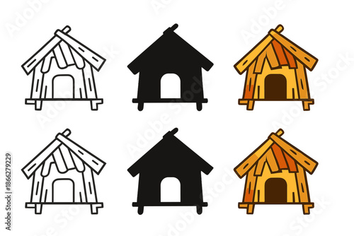 Tribal Hut Icons. Small tribal hut constructed from scrap timber and planks, minimal vector icon, first in line style with thin