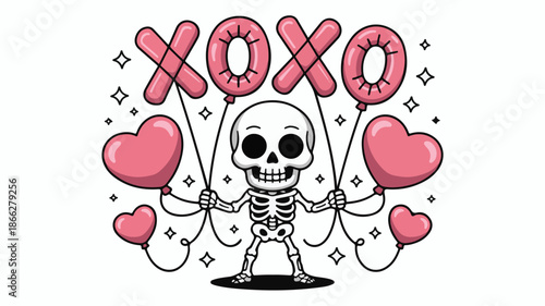 Cartoon Skeleton Holding XOXO Balloons and Heart Balloons skull bones