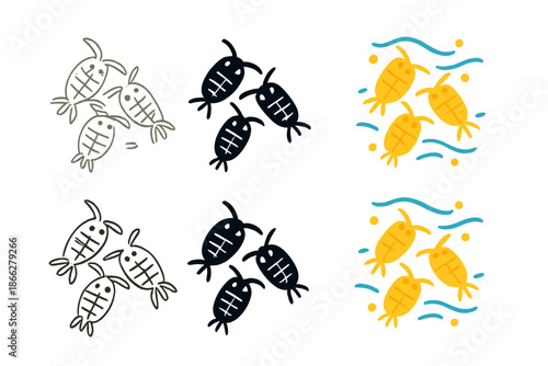 Glowing Zooplankton Variety. Cluster of glowing zooplankton floating in ocean currents, minimal vector icon, first in line style