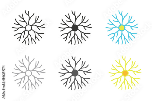 Mycelium Network Variations. Digital mycelium network with radiant nodes and branching filaments, simple minimalist vector