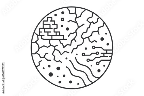 Forgotten Code Ruins. Line style vector icons of Forgotten Code: pixel ruins, cracked patterns, glowing dots, data fragments,