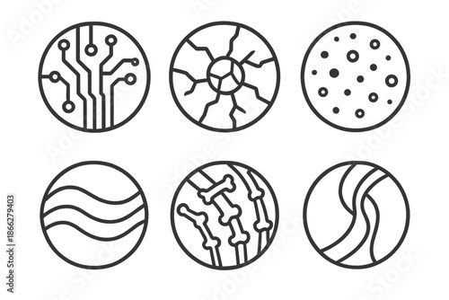 Forgotten Systems Icons. Line style vector icons of Forgotten Systems: ancient circuits, circular cracks, glowing particles, soft