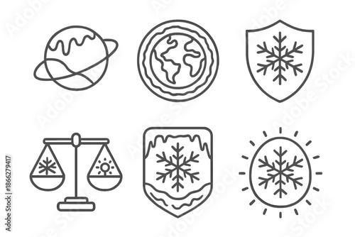 Cryosphere Guardian Icons. Line style icons of cryosphere guardians: polar planet symbol, frozen Earth ring, snowflake shield,