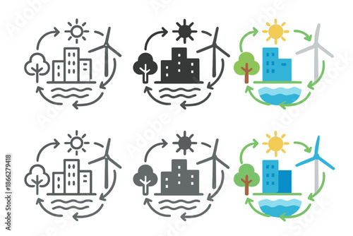 Symbiotic City Blueprint. Symbiotic city plan showing energy flow and ecological connections, abstract minimal vector illustration