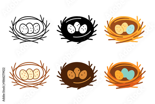 Abstract Finch Nest. Nest with three small finch eggs and surrounding twigs, abstract minimalist vector illustration, first in