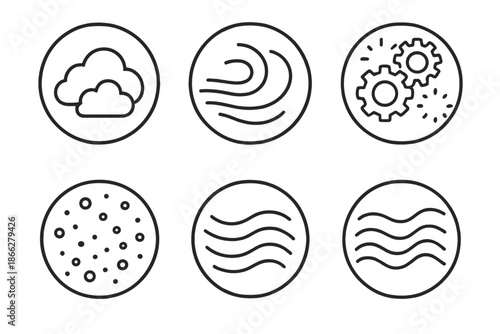 Vapor Constructs Icons. Line style vector icons of Vapor Constructs: mechanical clouds, curved trails, glowing gears, mist dust,