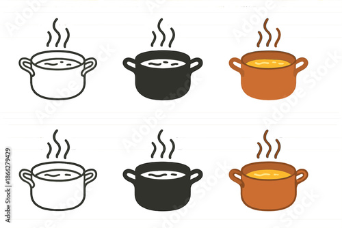 Stylized Cooking Pan. Copper saucepan with gentle steam and simmering effect, abstract minimalist vector illustration, first in