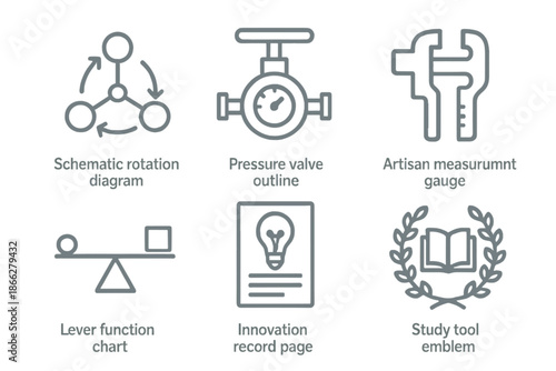 Pre-Industrial Invention Icons. Line style icons of pre-industrial invention analysts: schematic rotation diagram, pressure valve