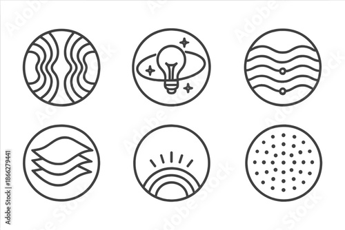 Luminous Orbital Patterns. Line style vector icons of Intellectual Pull: curved patterns, orbiting light, glowing waves, layered