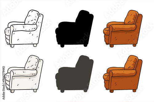 Minimalist Armchair Styles. Side view of worn leather armchair with soft cushions and visible texture, simple minimalist vector