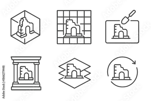 Ancient Site Icons. Line style icons of ancient site reconstructors: 3D ruin model, architectural restoration grid, excavation