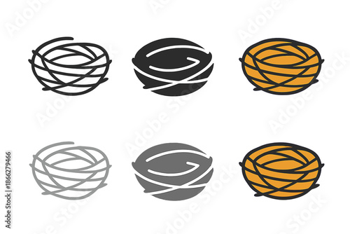 Iron Filament Nest. Nest constructed from thin iron filaments intertwined into a compact structure, minimal vector icon, first in