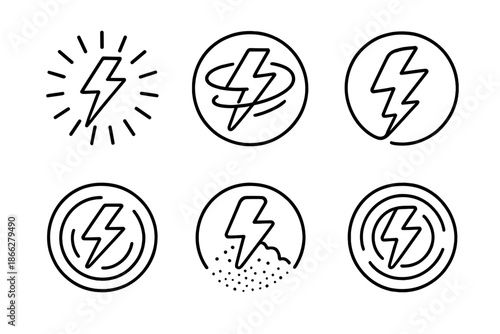 Lightning Grammar Icons. Line style vector icons of Lightning Grammar: radiant flashes, glowing trails, curved energy, circular