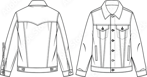 Classic denim jacket technical fashion sketch front back view cad drawing flat vector illustration for apparel design production specification sheet