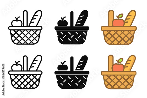 Picnic Basket Icons. Woven willow basket filled with picnic items like bread and fruit, minimal vector icon, first in line style
