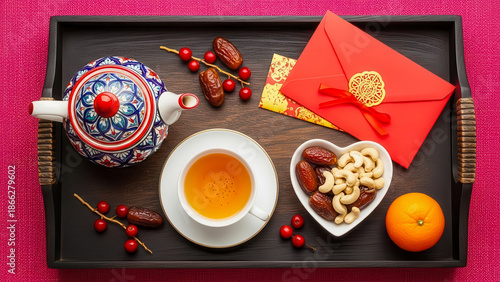 Chinese new year celebration with tea and snacks on tray