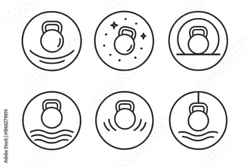 Floating Weight Icons. Line style vector icons of Floating Weight: curved beams, luminous dust, balanced motion, radiant circles,