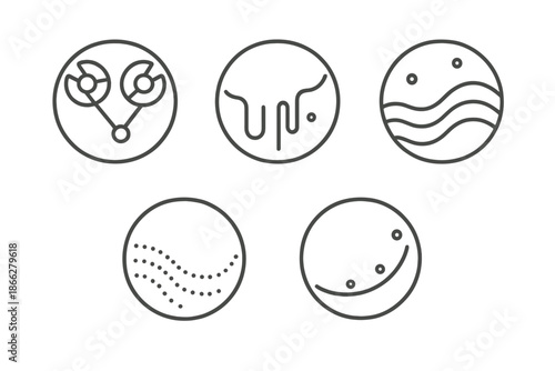 Melancholy Music Icons. Line style vector icons of Melancholy Recordings: curved reels, dripping trails, glowing dots, soft waves,