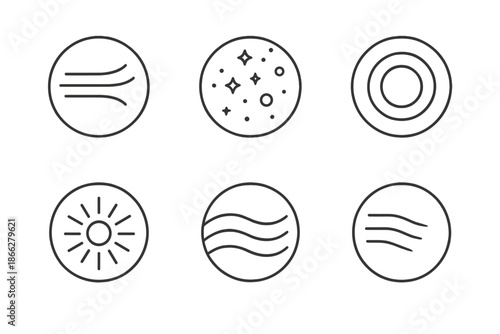 Hollow Motion Icons. Line style vector icons of Hollow Motion: curved trails, glowing dust, transparent rings, radiant energy,