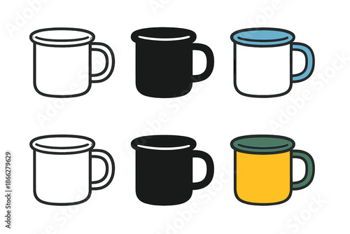 Minimal Camping Mug Designs. Classic enamel camping mug with handle and simple design, minimal vector icon, first in line style