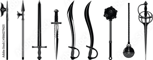 Collection of medieval weapon vector silhouettes including halberd, spear, broadsword, dagger, scimitars, mace, flail, and rapier isolated on white background for historical design elements.