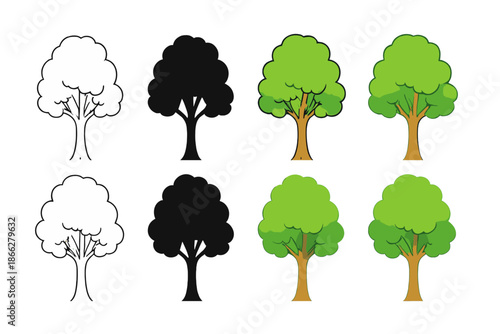 Stylized Beech Tree Sequence. Row of tall beech masts with dense leafy canopy, simple minimalist vector illustration, first in