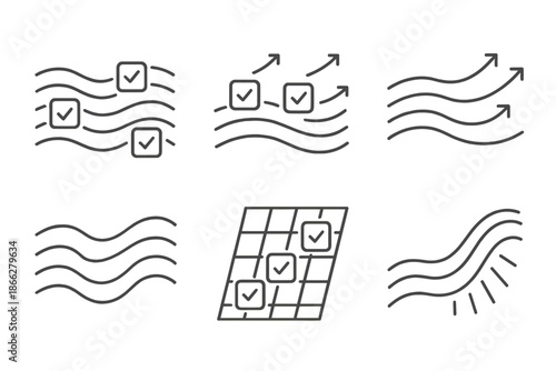 Flowing Task Icons. Line style icons of gentle current carrying tasks forward: flowing wave pattern, floating task symbols, subtle
