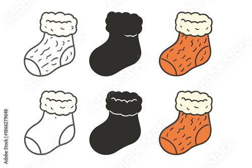 Cozy Winter Sock Designs. Winter wool sock folded to show cozy interior and exterior texture, abstract minimal vector illustration