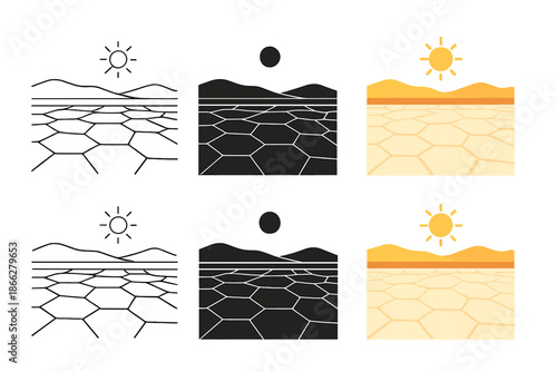 Desert Salt Flats. Desert salt flats stretching to horizon under bright sunlight, simple minimalist vector illustration, first in