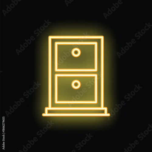 Glowing yellow neon sign of a two drawer filing cabinet on a black background