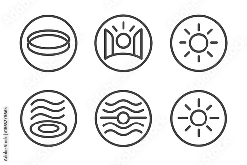 Photon Homes Icons. Line style vector icons of Photon Homes: light rings, curved walls, glowing circles, layered energy, radiant
