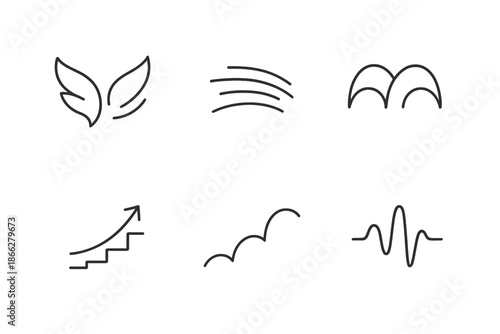 Graceful Change Icons. Line style icons of graceful change indicators: floating wing shapes, soft motion lines, rhythm flow arcs,