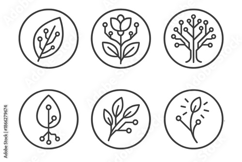 Synthetic Nature Icons. Line style round vector icons of Synthetic Nature: leaves with circuits, robotic flower, digital tree,
