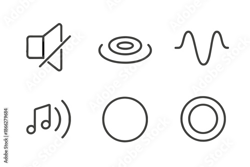 Silent Frequencies Icons. Line style round vector icons of Silent Frequencies: muted speaker, calm ripple, still vibration, fading