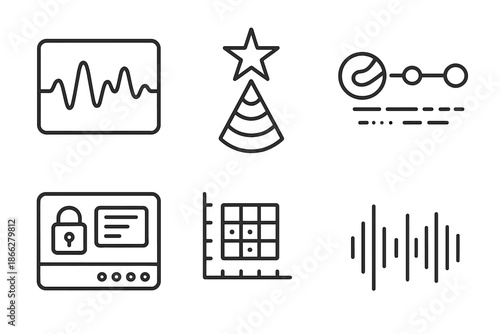 Galactic Message Icons. Line style icons of galactic message decoders: waveform signal chart, star transmission beam, planetary