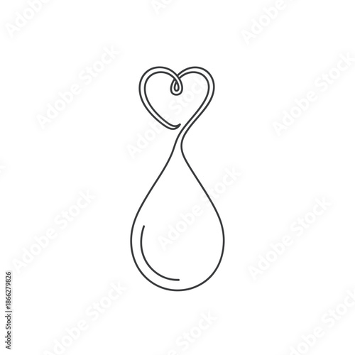 A continuous single line drawing elegantly depicts a heart transforming into a graceful drop, symbolizing profound love, compassion, and vital life elements.