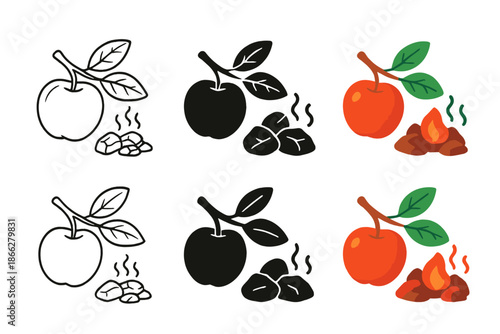 Culinary Warmth Artistry. Apple branch with leaves beside glowing charcoal, symbolizing aroma and natural flavor, stylized