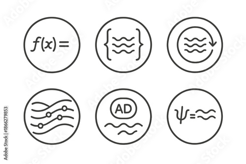 Liquid Algorithm Icons. Line style round vector icons of Liquid Algorithms: flowing formula, water code, looping symbol, streaming