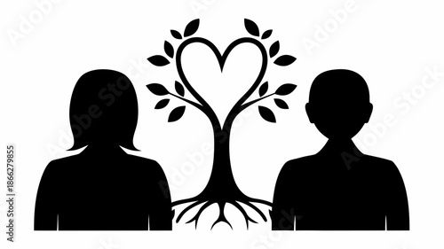 Couple standing beside heart shaped tree with roots and leaves