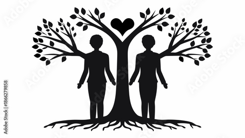 Silhouettes of couple standing by tree with heart symbol