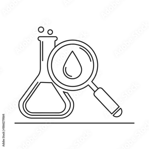 This minimalist line art illustration depicts a science laboratory flask alongside a magnifying glass examining a liquid drop, symbolizing chemical research and analysis.