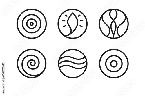Spiritual Pattern Icons. Line style round vector icons of Spiritual Patterns: soul ripple, luminous curve, flowing symmetry,
