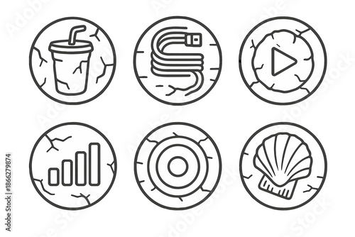 Modern Fossil Icons. Line style round vector icons of Modern Fossils: preserved cup, compressed cable, embedded icon, solid signal