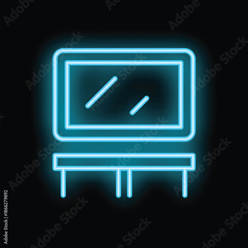 Simple luminous neon outline icon representing a dressing table with mirror