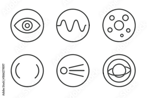 Synthetic Vision Icons. Line style round vector icons of Synthetic Vision: neon eye, shifting wave, blurred focus, virtual lens,