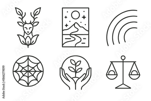 Surreal Nature Icons. Line style icons of surreal nature guardians: hybrid flora-fauna icon, cosmic landscape frame, soft energy