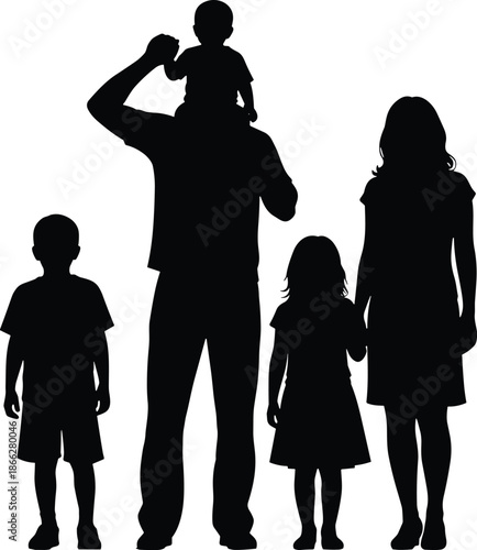 Happy Family Silhouette Vector Illustration, Parents with Three Children, Father Carrying Toddler on Shoulders, Mother and Kids Standing Together, CAD Drawing Flat Vector Illustration